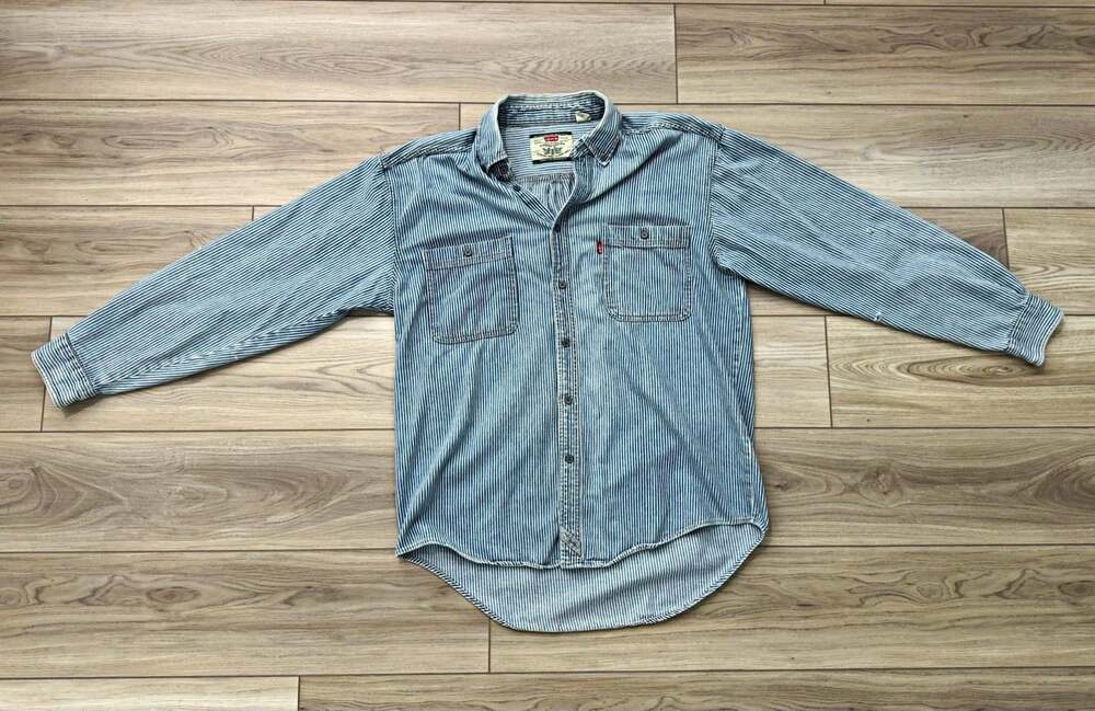 Vintage 90s Levi's Hickory Stripe Denim Shirt Mens L Button Down Red Tab Korea